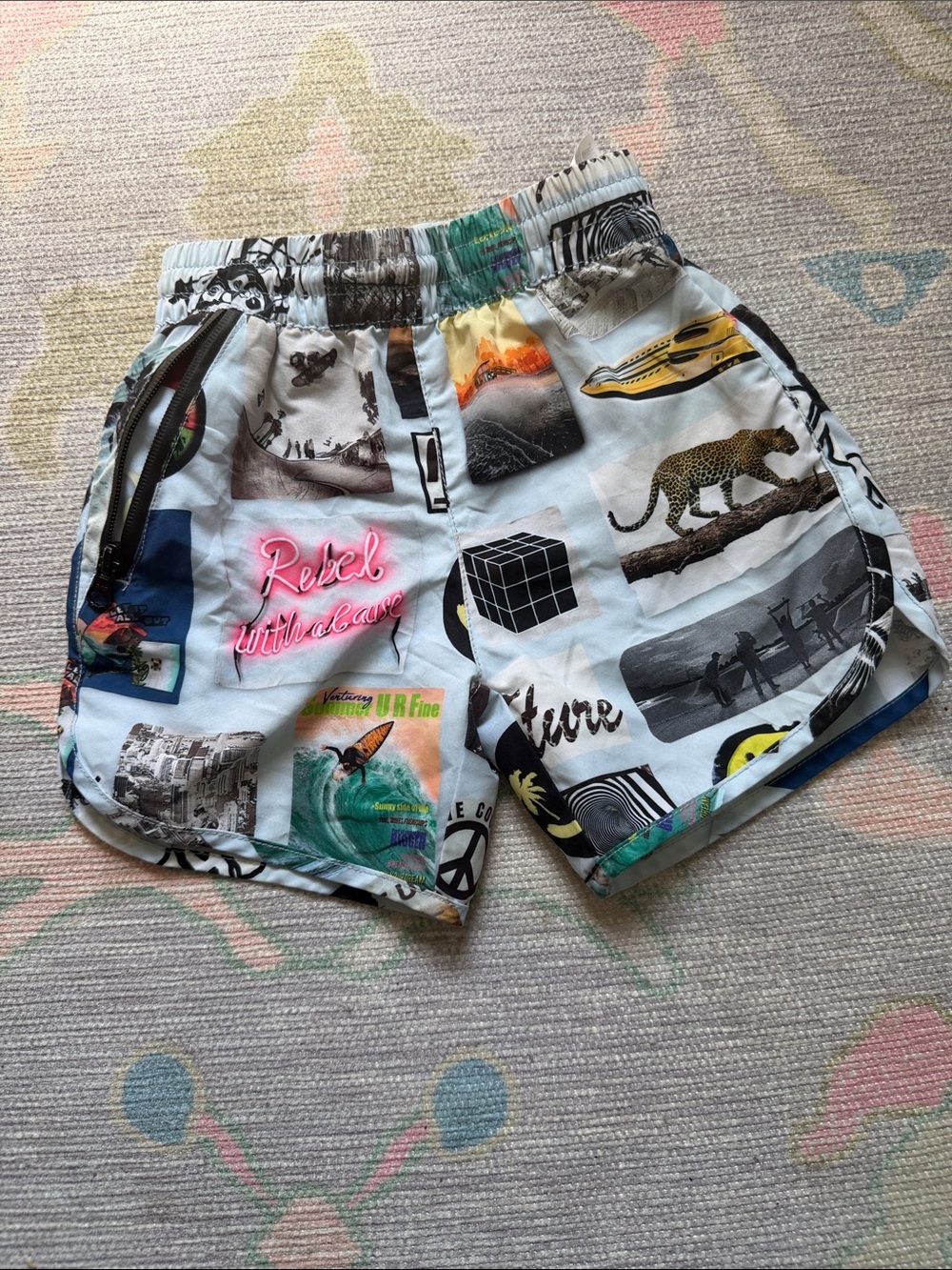 Molo collage-print swim shorts size 18-24 months runs very big
